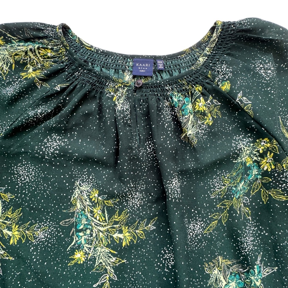 Kaari Blue Curvy Green Floral Blouse Womens 0X Smocked Neck Keyhole Long Sleeve - Picture 9 of 11